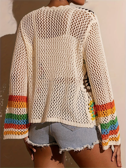 Damen Cardigan Blumenmuster Weite Ärmel Baumwolle Beige