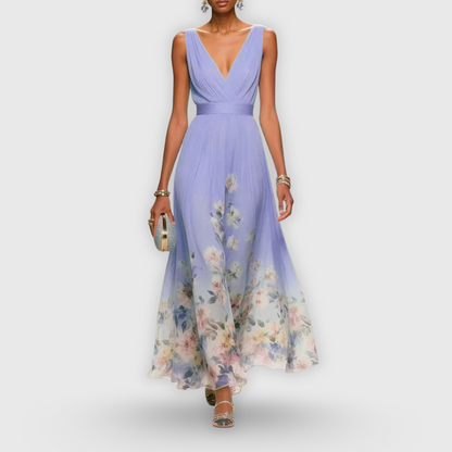 Damen Blumen Maxi-Kleid V-Ausschnitt