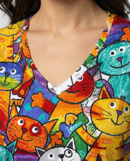 Damen T-Shirt Bunter Katzenprint Baumwolle Bequem
