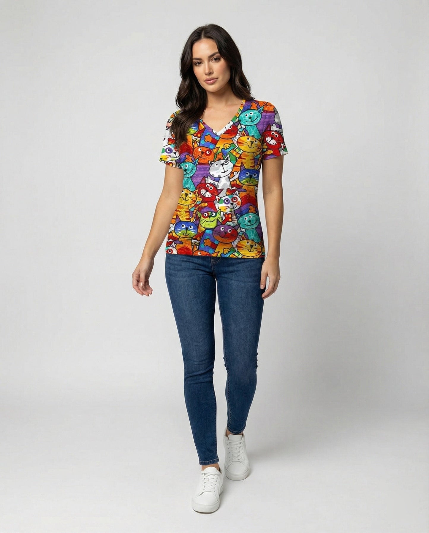 Damen T-Shirt Bunter Katzenprint Baumwolle Bequem