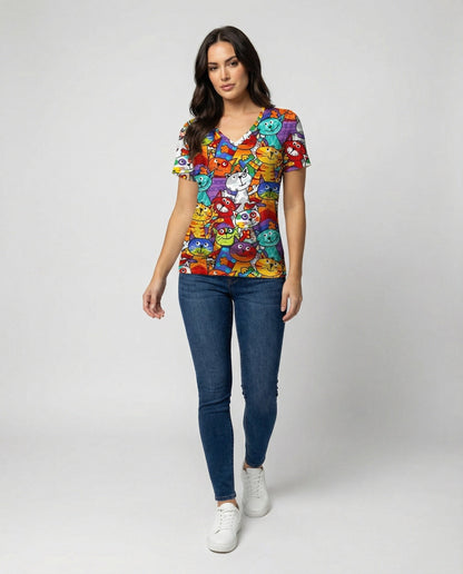 Damen T-Shirt Bunter Katzenprint Baumwolle Bequem