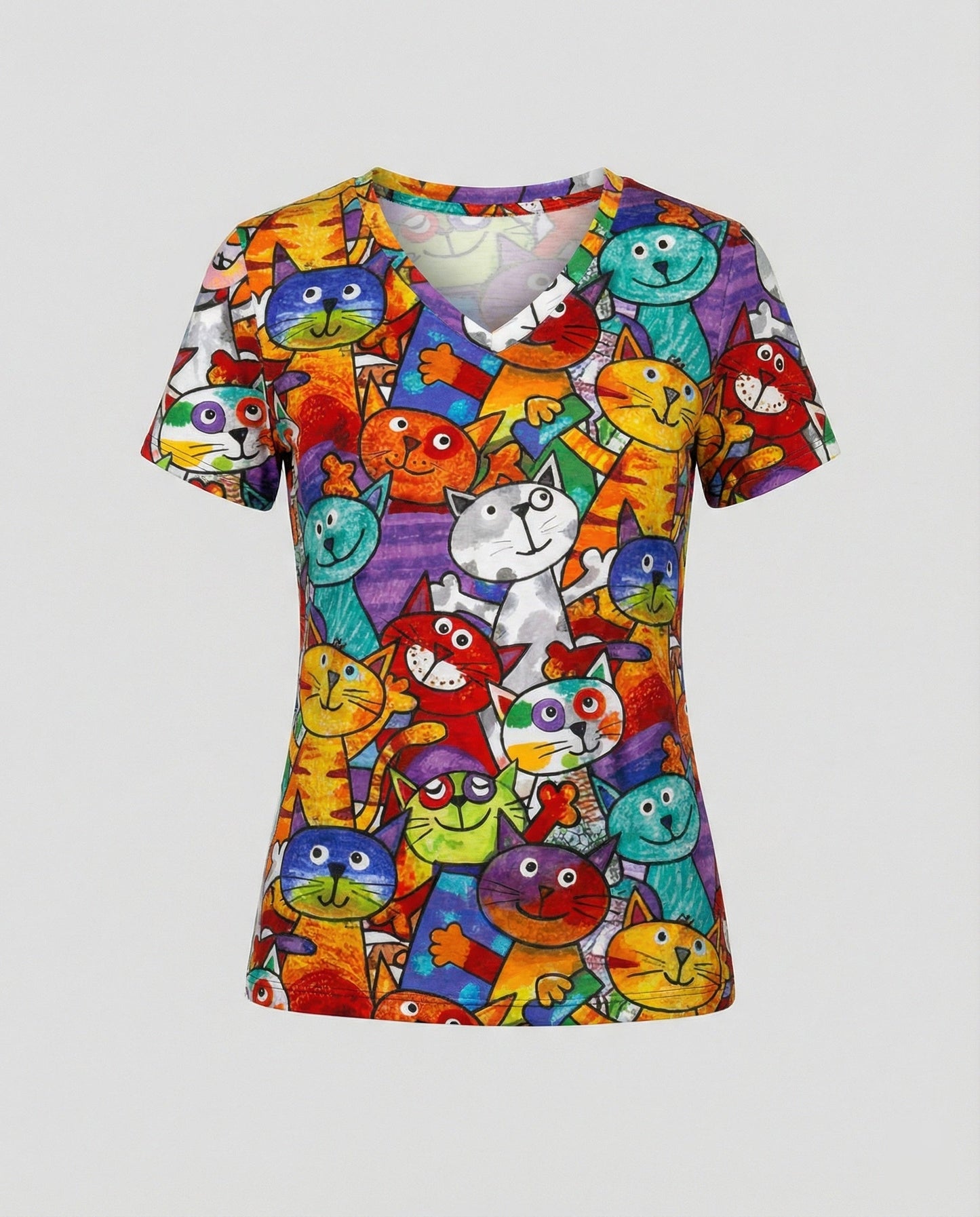 Damen T-Shirt Bunter Katzenprint Baumwolle Bequem