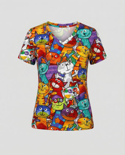 Damen T-Shirt Bunter Katzenprint Baumwolle Bequem
