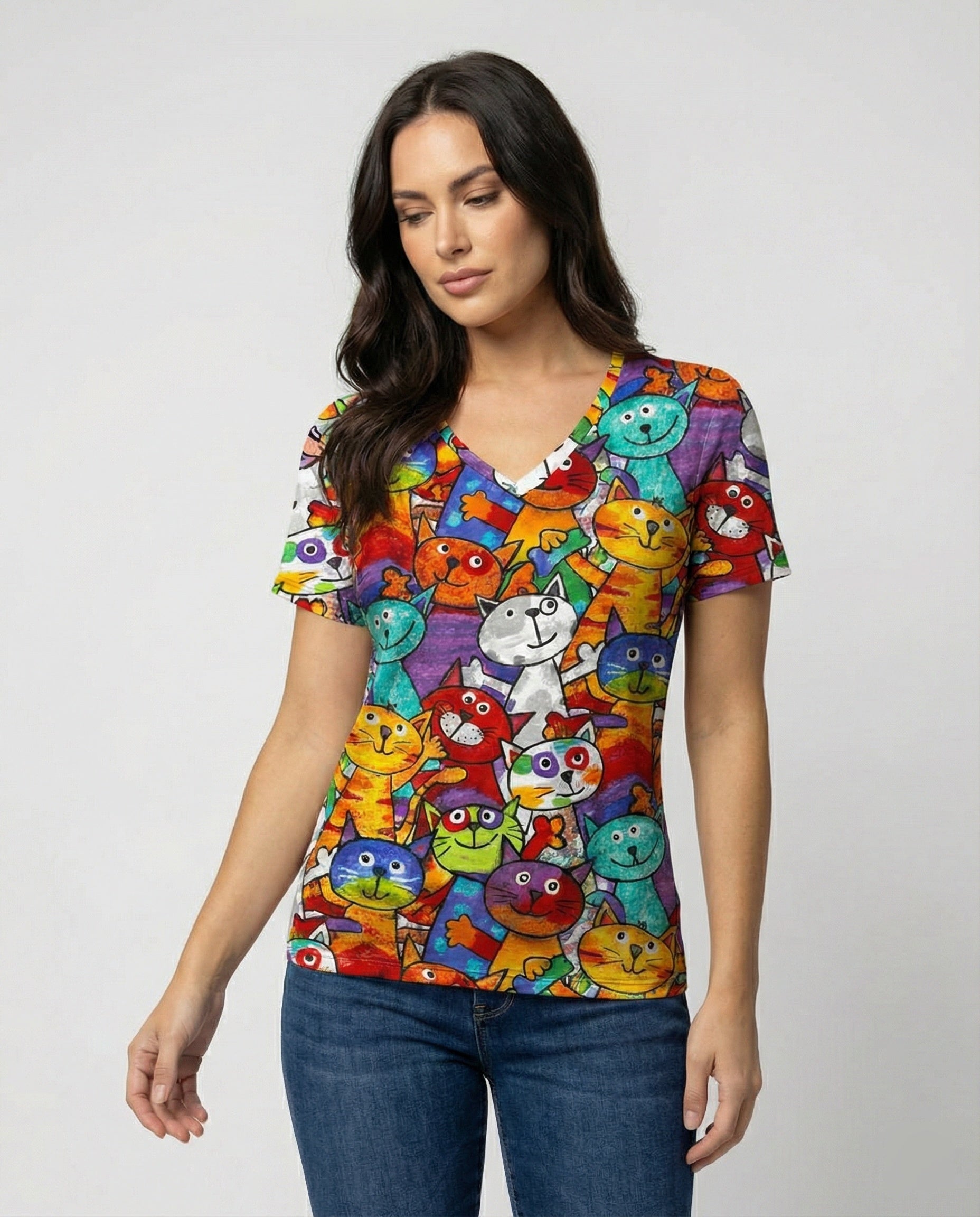 Damen T-Shirt Bunter Katzenprint Baumwolle Bequem - Eveloria