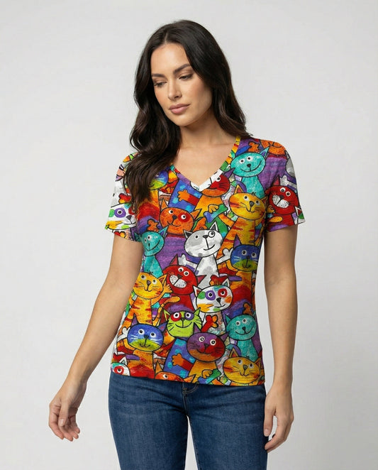 Damen T-Shirt Bunter Katzenprint Baumwolle Bequem - Eveloria