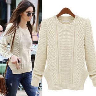 Damen Grobstrickpullover Strukturmaschen Lässig Beige Eveloria
