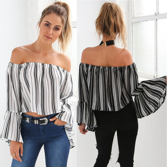 Damen Off-Shoulder Bluse Voluminöse Ärmel Gestreift - Eveloria