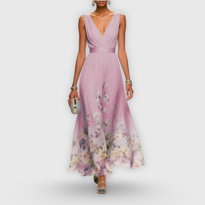 Damen Blumen Maxi-Kleid V-Ausschnitt