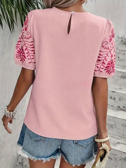 Damen Blusenshirt Puffärmel Florale Stickerei Sommerlich Weiß