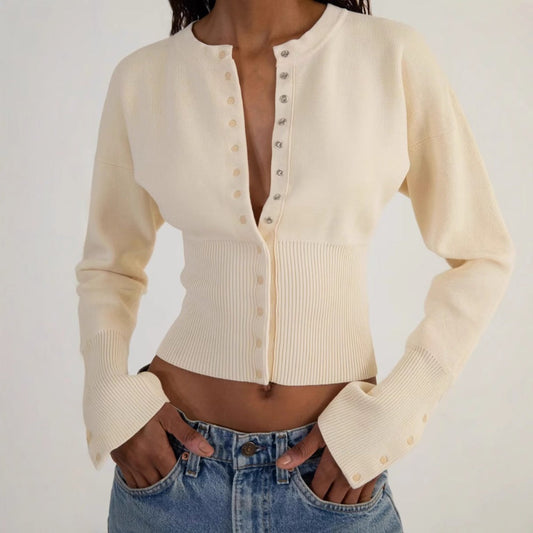 Damen Strickjacke Langärmlig Knopfleiste Beige - Eveloria