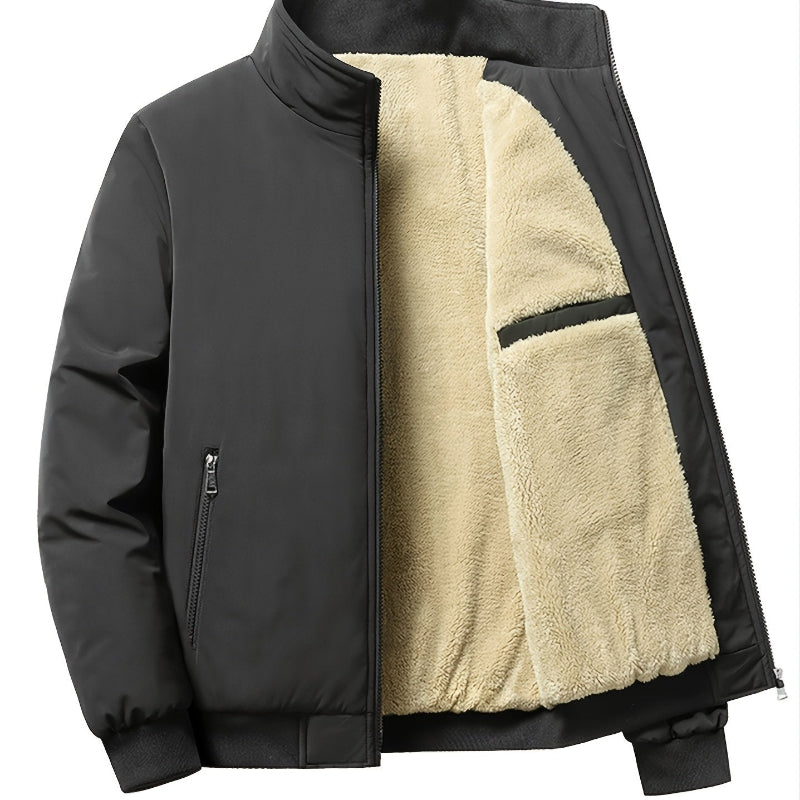 Herren Outdoorjacke Fleecefutter Reißverschluss Stehkragen Schwarz - Eveloria