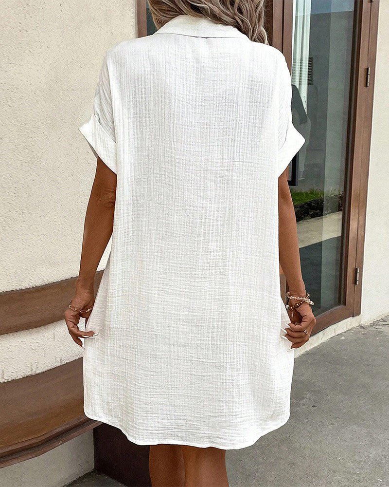 Damen Leinenkleid mit Knöpfen und Taschen Beige