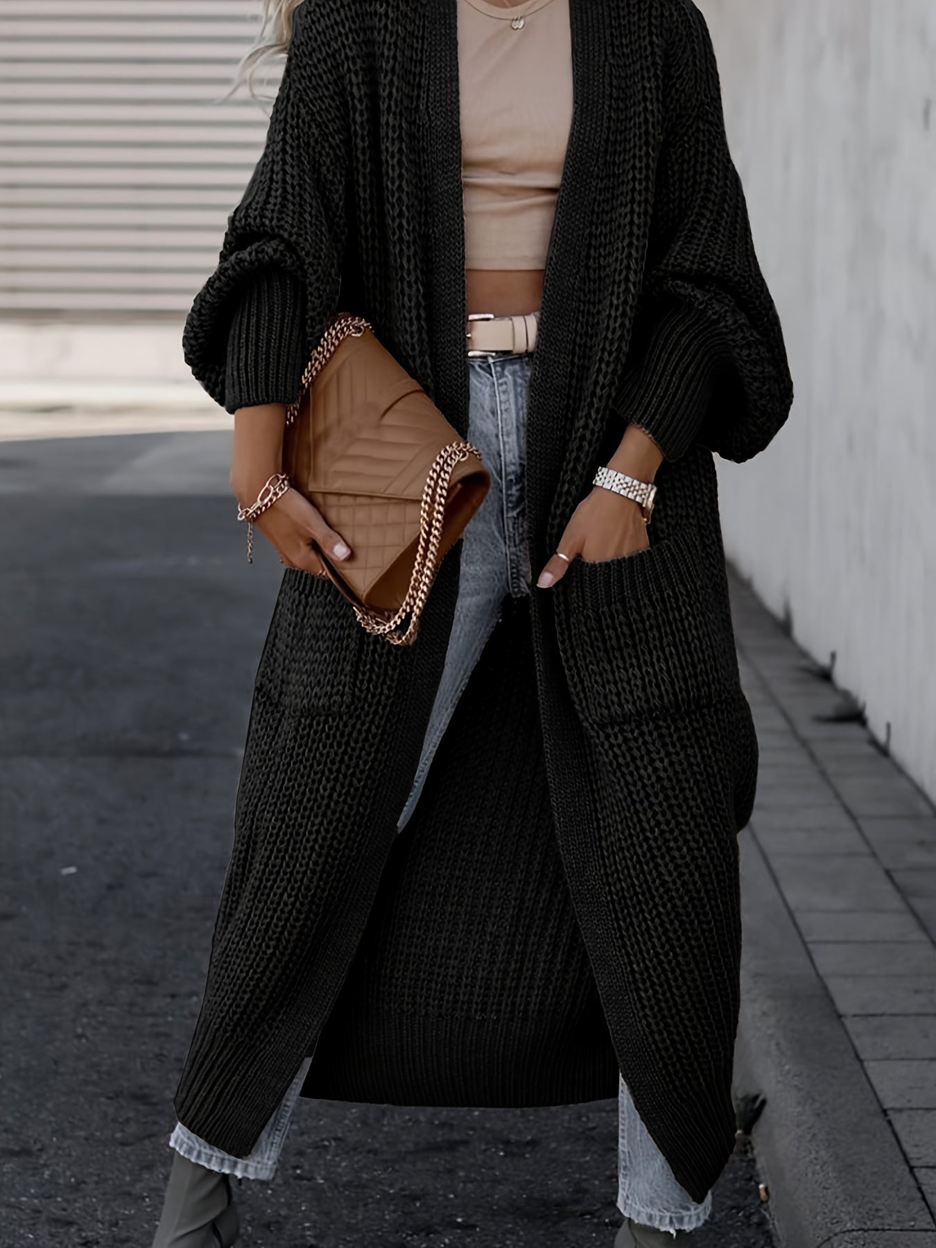 Damen Strickcardigan Wolle Taschen Beige