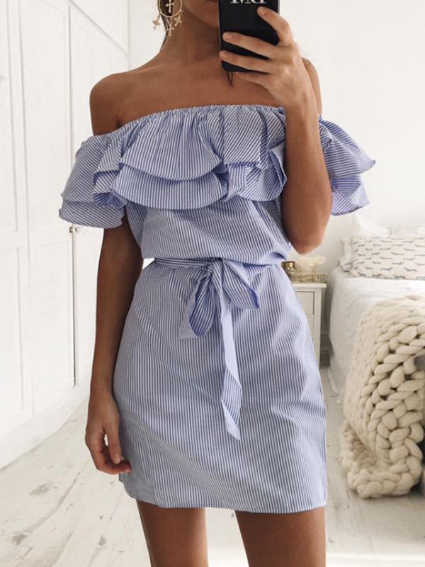 Damen Minikleid Volants Bindegürtel Eveloria