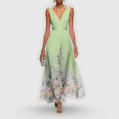 Damen Blumen Maxi-Kleid V-Ausschnitt