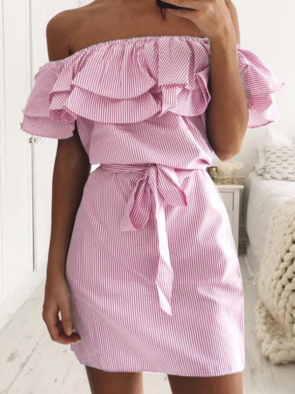 Damen Minikleid Volants Bindegürtel Eveloria