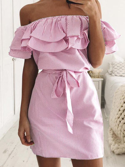 Damen Minikleid Volants Bindegürtel Eveloria