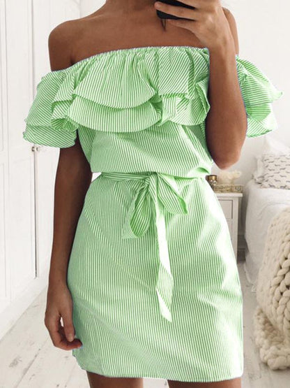 Damen Minikleid Volants Bindegürtel Eveloria