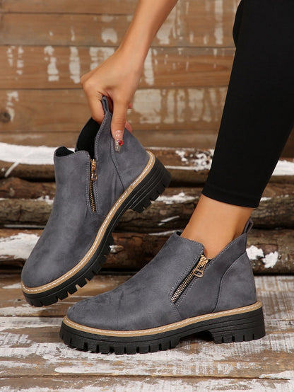 Damen Stiefeletten Reißverschluss Robuste Sohle Schwarz - Eveloria
