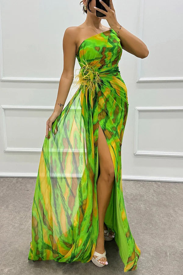 Damen Abendkleid Schulterfrei Maxilänge Hochschlitz
