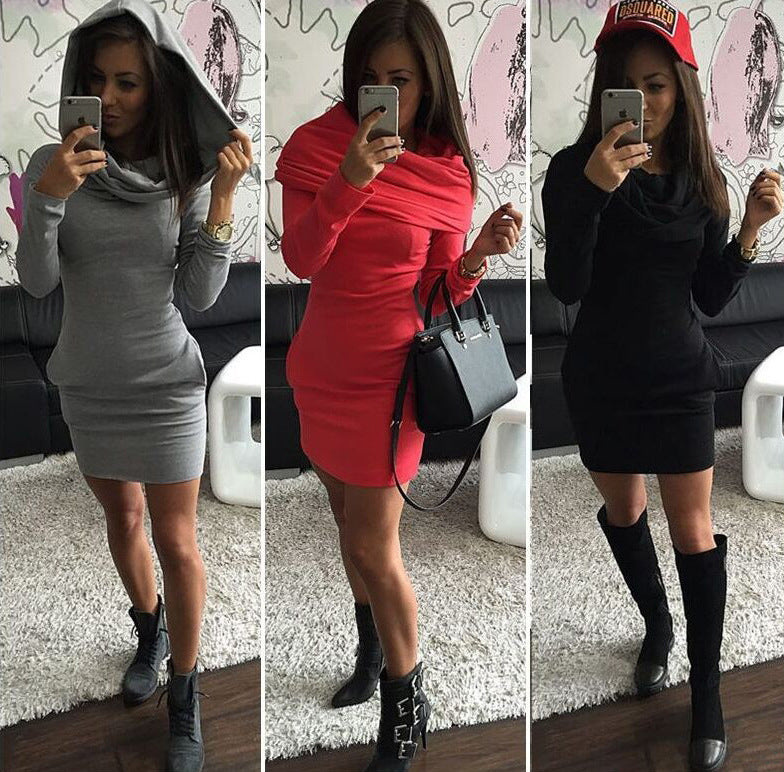 Damen Kapuzenkleid Rollkragen Figurbetonend Schwarz Eveloria - Eveloria