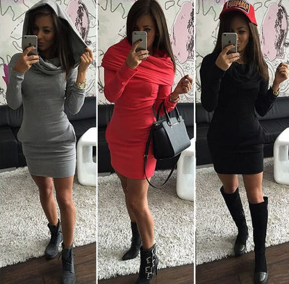 Damen Kapuzenkleid Rollkragen Figurbetonend Schwarz Eveloria - Eveloria