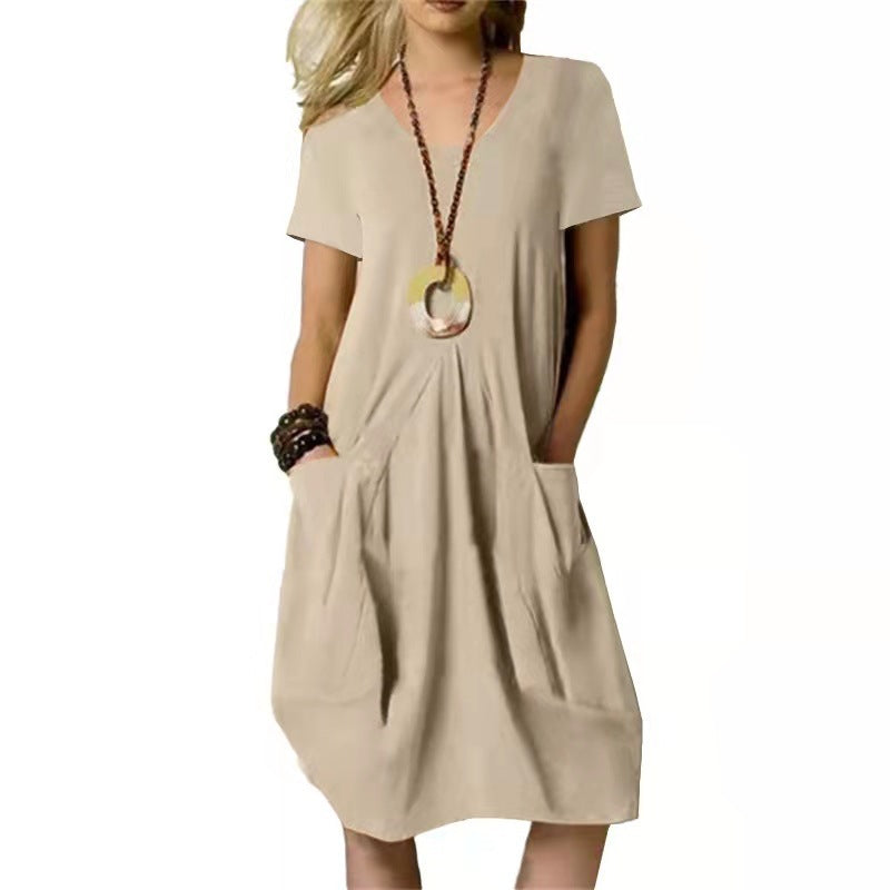 Damen Sommerkleid Rundhals Kurzarm Unifarben mit Taschen