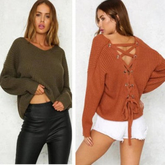 Damen Grobstrickpullover Weit V-Ausschnitt Beige - Eveloria