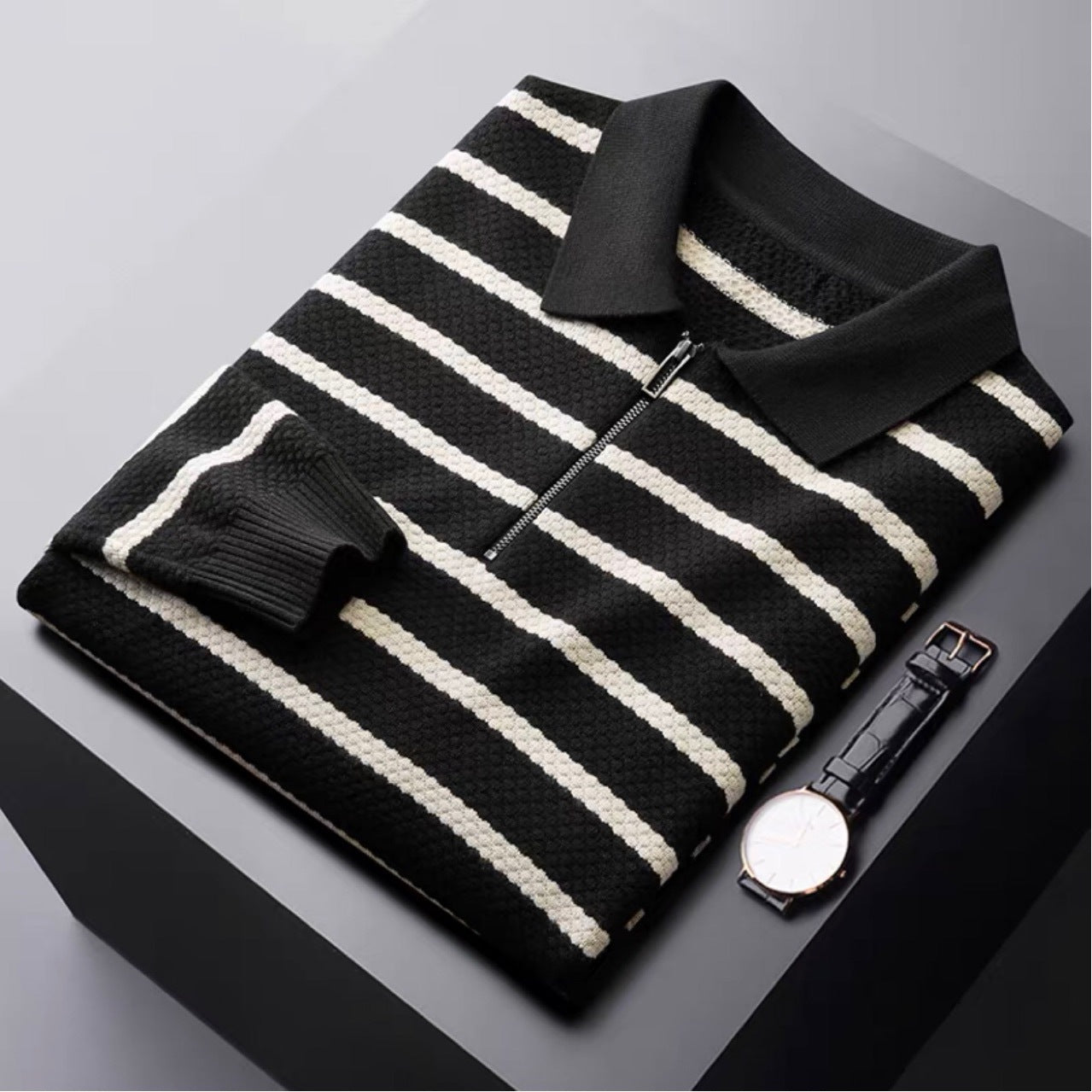 Herren Polo-Shirt Gestreift Viertel-Reißverschluss Strick - Eveloria