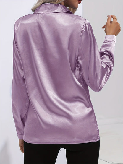 Damen Satin-Bluse Reverskragen Knopfleiste Eleganz