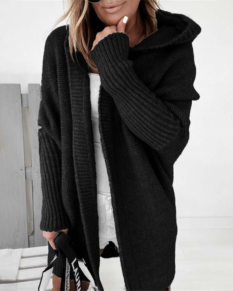 Eveloria Damen Strickjacke Einfarbig Kapuze FledermausÄrmel
