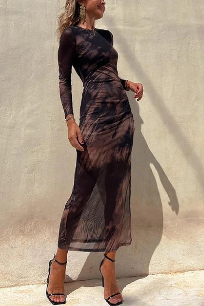 Damen Midi Kleid Langarm Rüsch Mesh Stretch Charm Lady Tie Dye