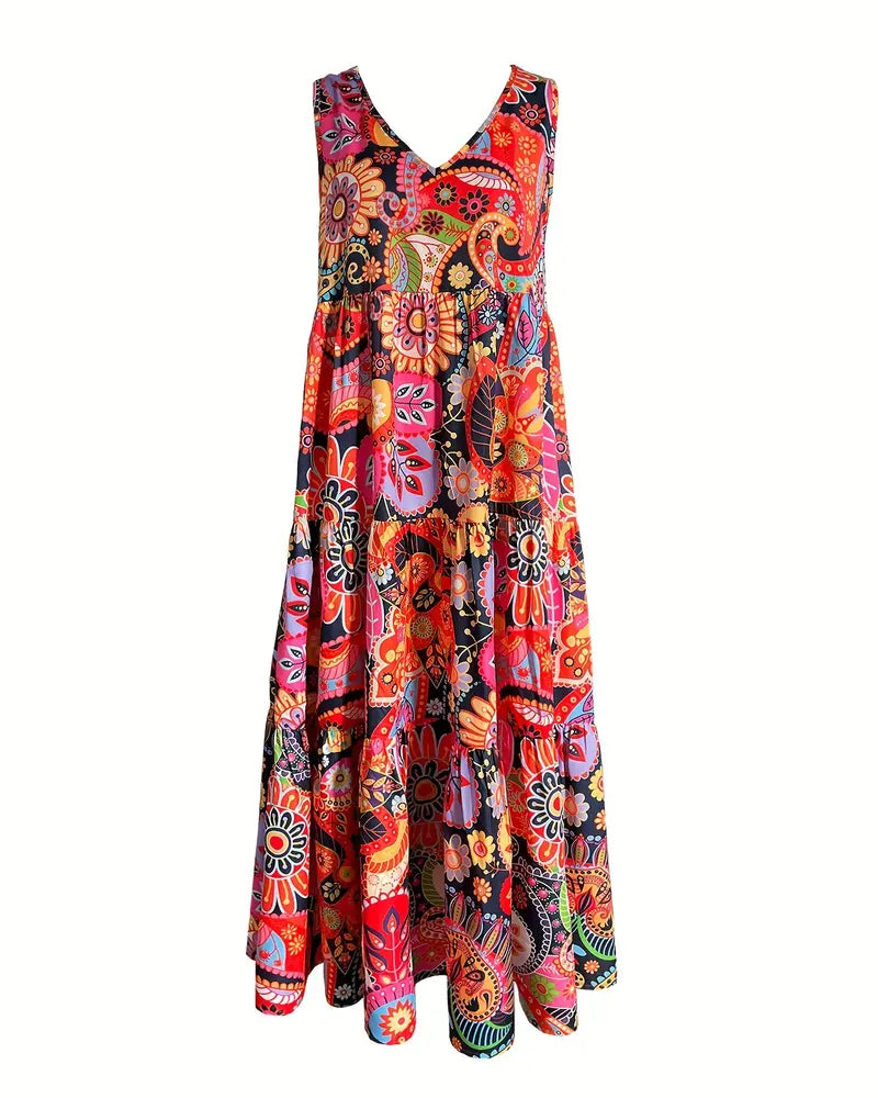 Eveloria Damen Ärmelloses Kleid Lockere Passform Lang Print