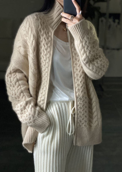 Damen Strickjacke Hochkragen Reißverschluss Warm Beige - Eveloria
