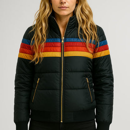 Damen Winterjacke Kapuze Streifenmuster