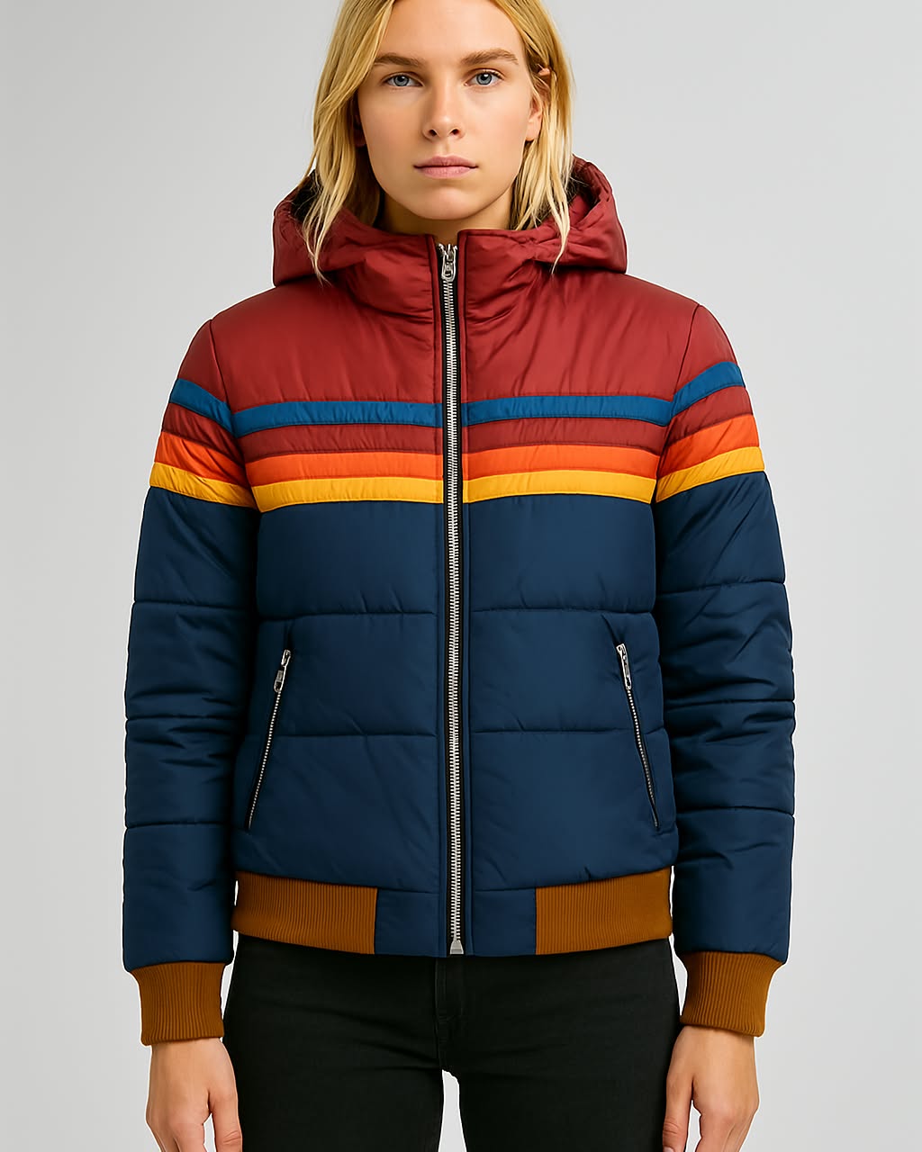 Damen Winterjacke Kapuze Streifenmuster - Eveloria