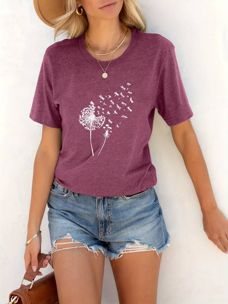 Eveloria Damen T-Shirt Löwenzahn-Print Rundhals Weiss