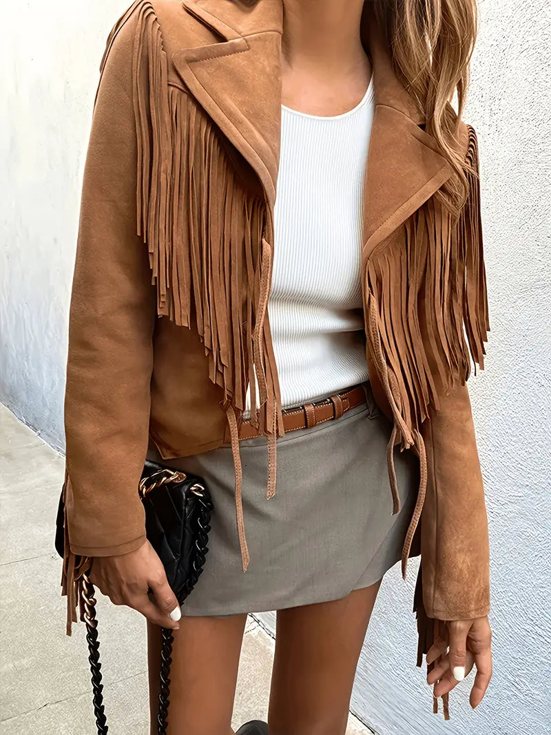 Damen Boho-Chic Jacke Kunstwildleder Fransen - Eveloria