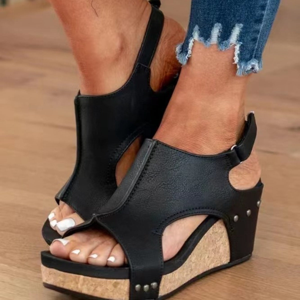 Damen Keilabsatz Sandalen Fischmund Plattform Leder