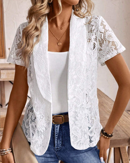 Damen Spitzenblazer Weiß Kurzärmelig mit Revers