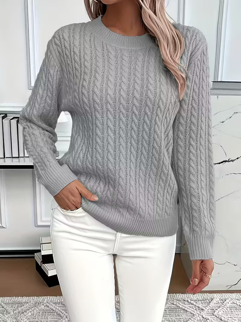 Damen Strickpullover Zopfmuster Winterweiß
