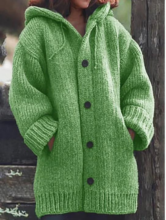Damen Strickjacke Übergroß Kapuze Knopfverschluss Lang
