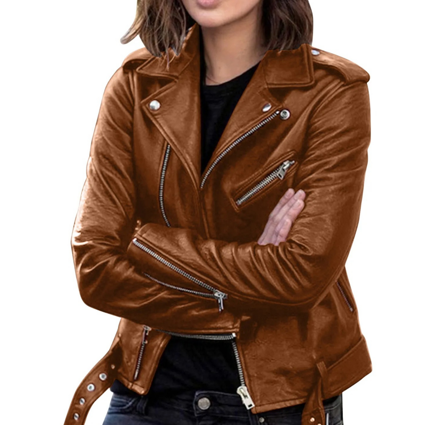 Eveloria Damen Bikerjacke Leder Gürtel