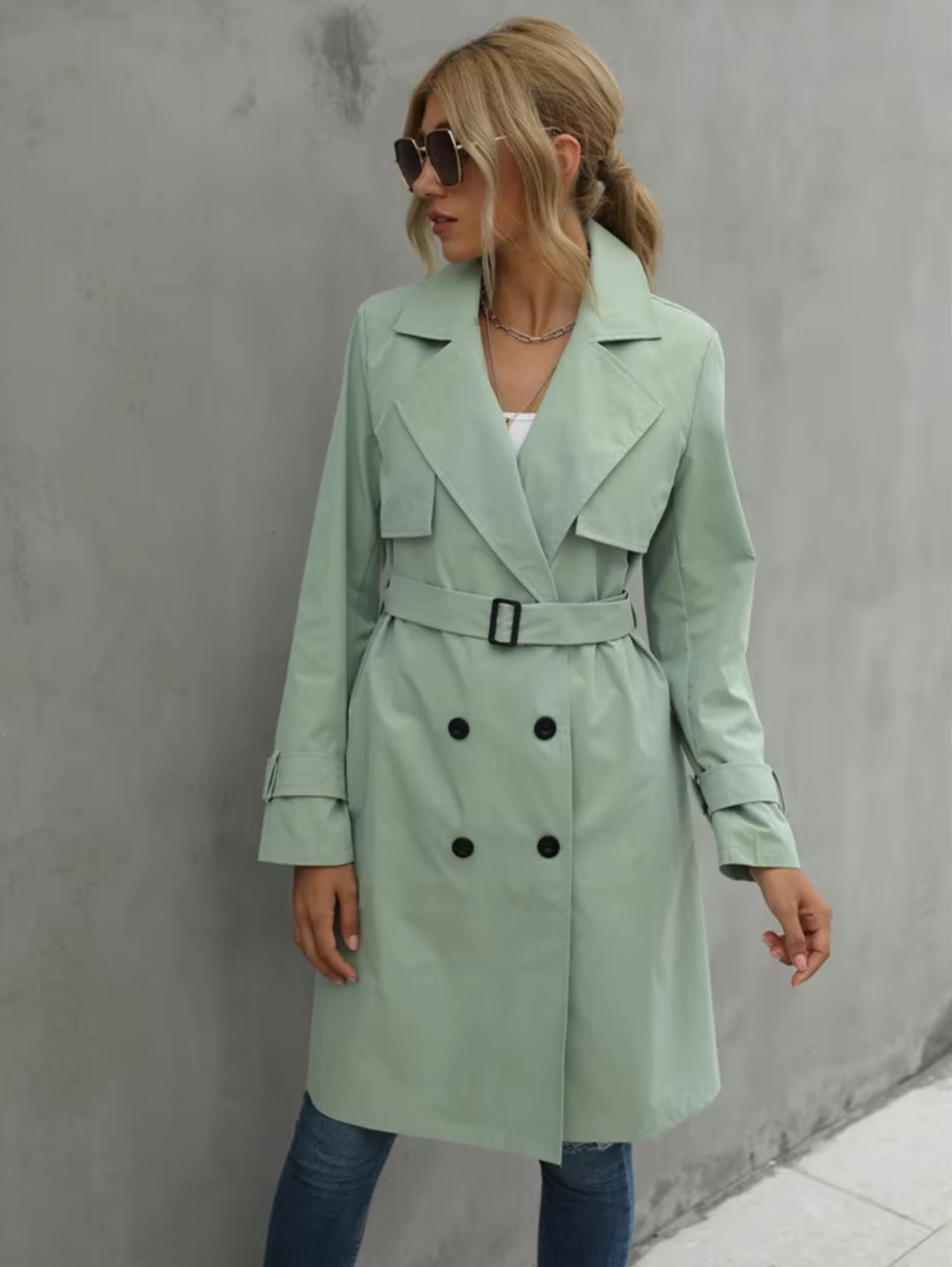 Damen Trenchcoat Doppelreiher Taillengürtel Klassisch Beige