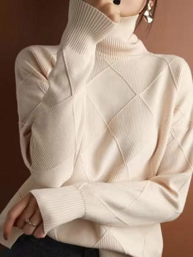 Eveloria Damen Rollkragenpullover 3D Rhombus Muster - Eveloria