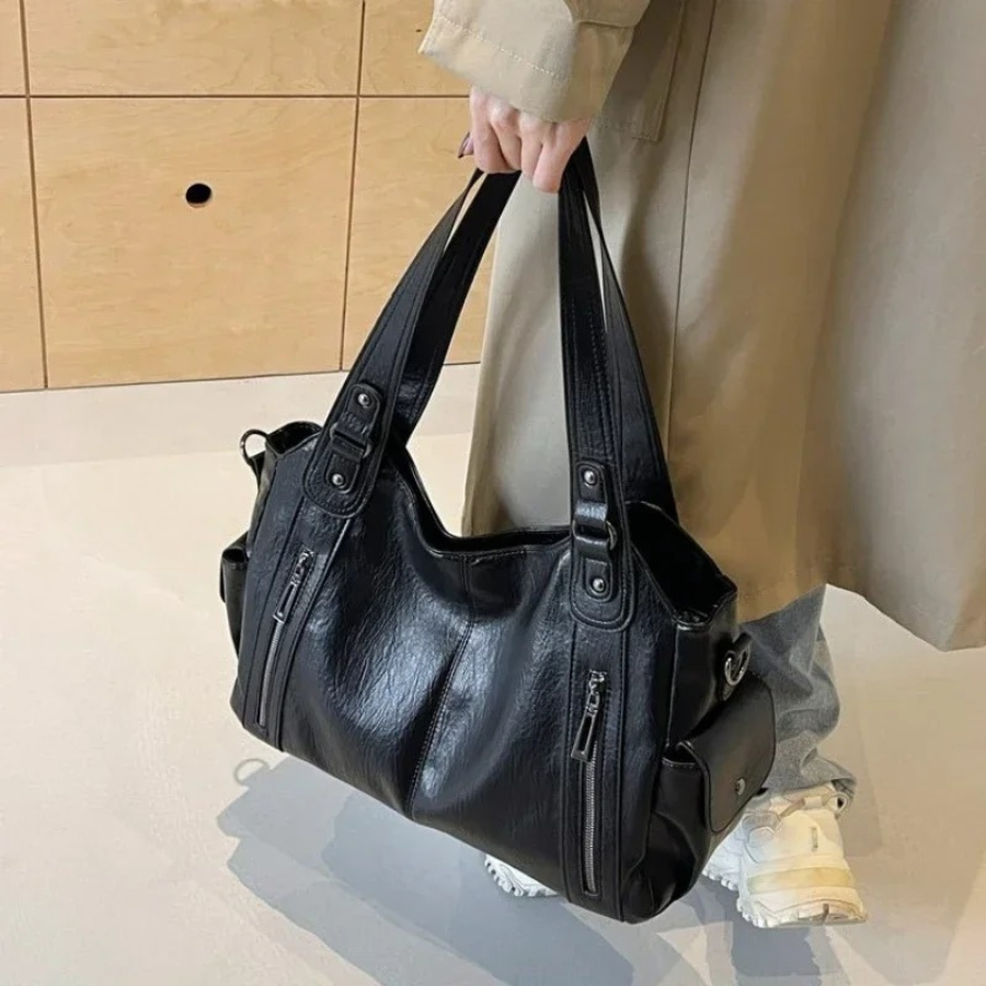 Damen Große Handtasche Leder Mit Schultergurt Schwarz - Eveloria