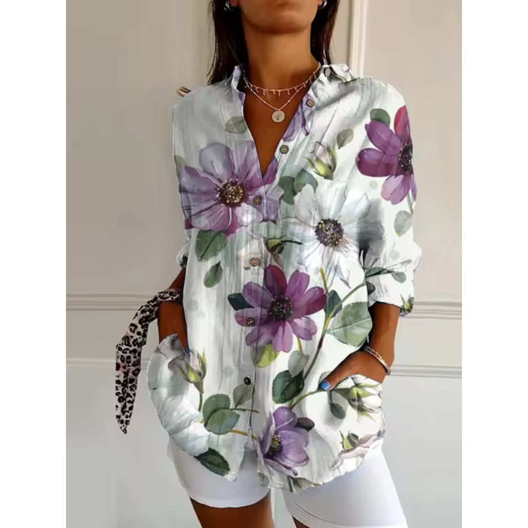 Damen Blumenbluse Knopfleiste Lange Ärmel Luftig