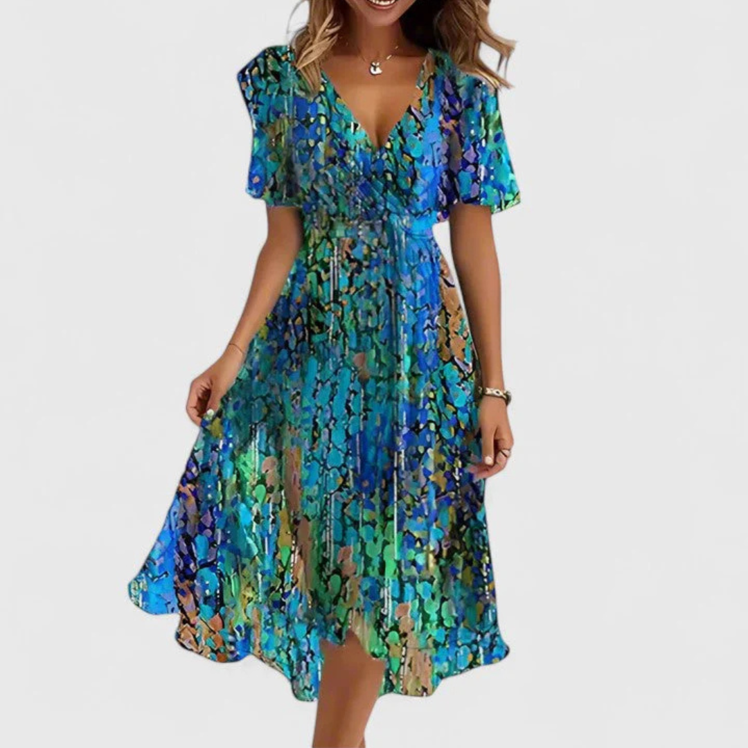 Damen Blumen Midi Kleid V-Ausschnitt