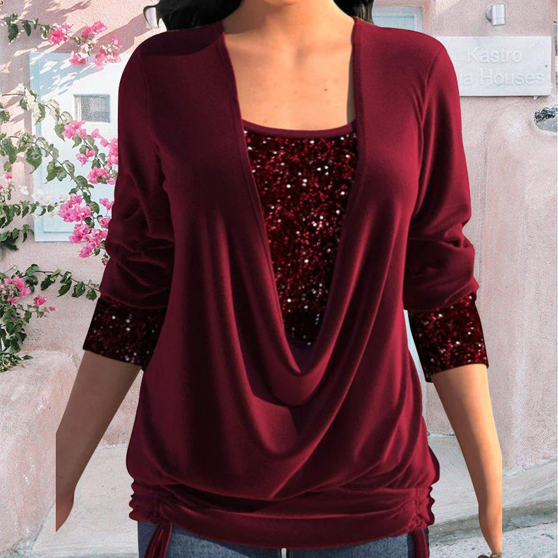 Damen Bluse Langarm Pailletten Elegante Schwarz - Eveloria