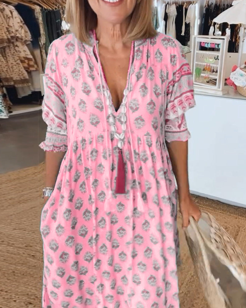 Eveloria Damen Kleid V-Ausschnitt Halbärmlig Bedruckt